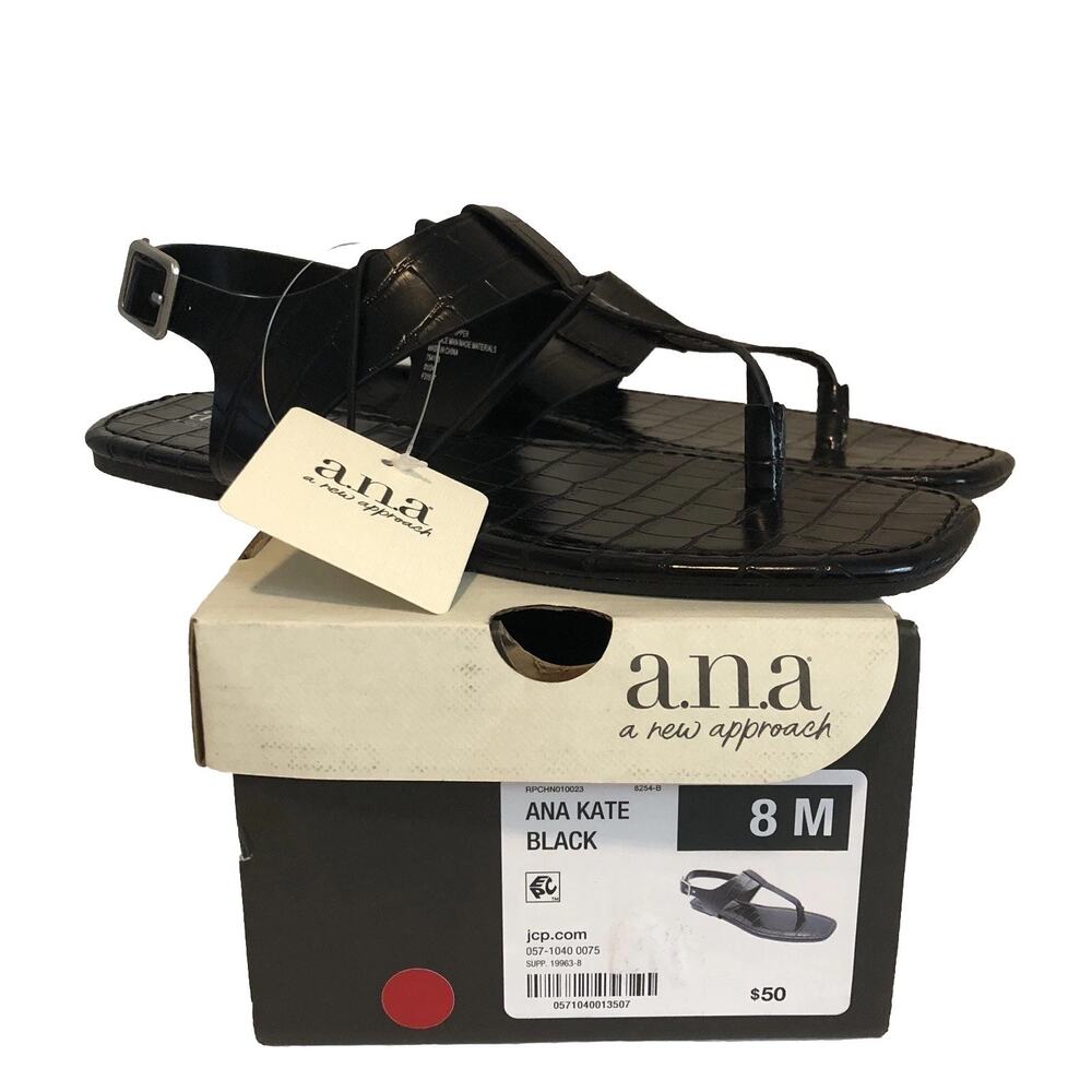 ANA Kate Womens Flat Sandals T-Strap Size 8M Black Neutral Minimal Beach Y2K‎